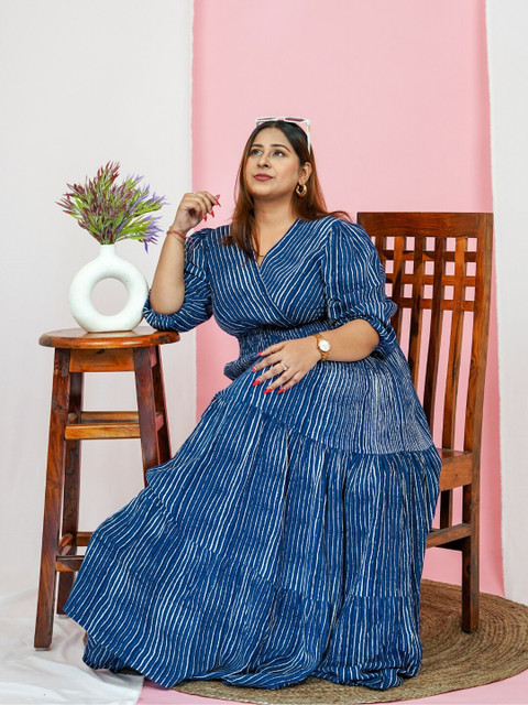DEEBACO Plus Size Striped Puff Sleeves Smocked Tiered Maxi Dress