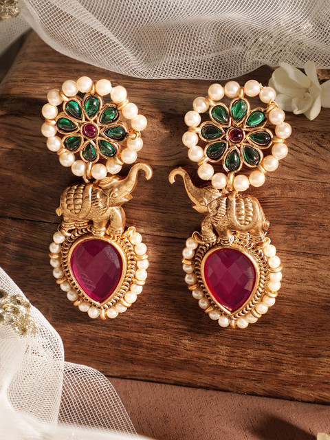 Rubans 18K Gold-Plated Red & Green Stone Studded Elephant Motif Earring with Pearl Accents