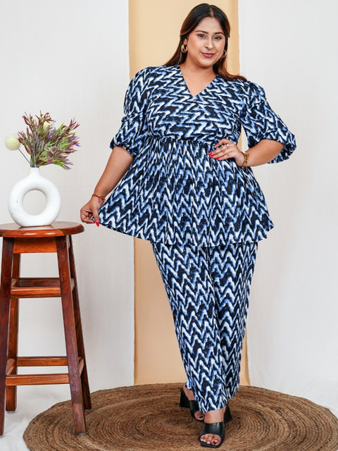 Vibes by Deebaco Plus Size Printed Pure Cotton V-Neck Tunic & Trousers Ethnic Co-Ords