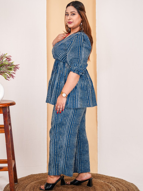 Vibes by Vibes by Deebaco Plus Size Striped Pure Cotton Peplum Top With Trousers Co-Ords - Image 3