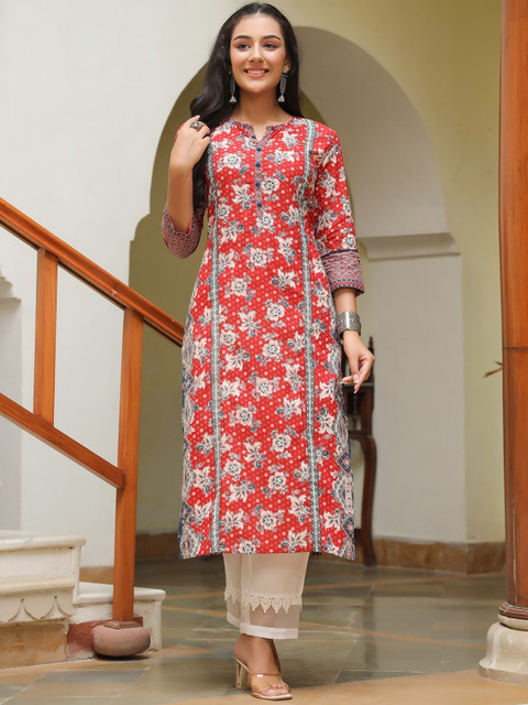 Rain & Rainbow Floral Printed Straight Pure Cotton Kurta