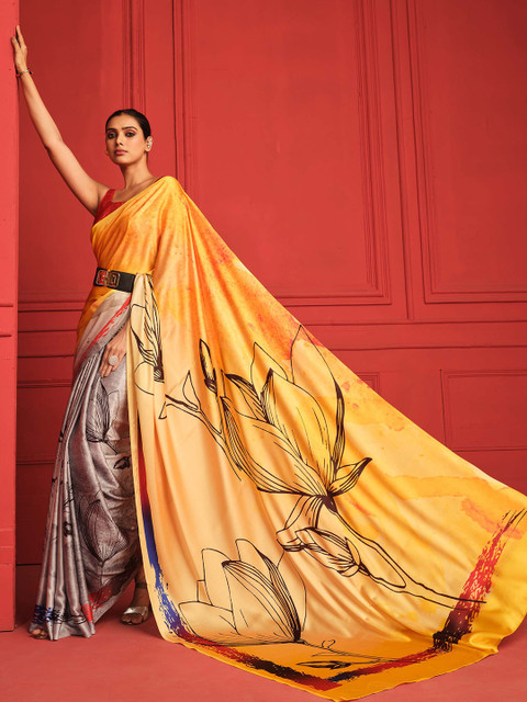 Sangria Digital Floral Printed Satin Saree