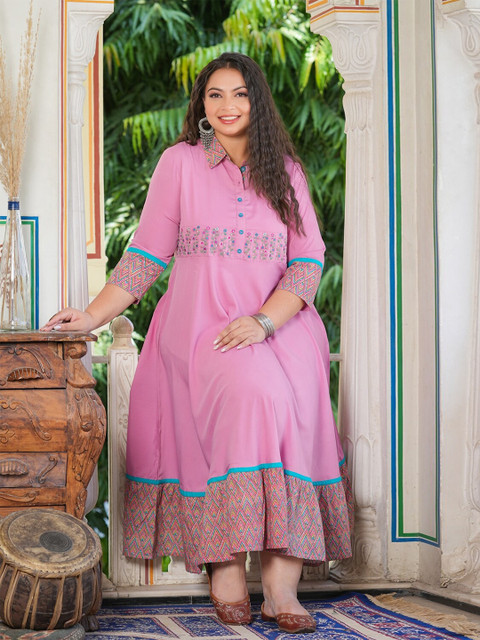 YASH GALLERY Plus Size Geometric Printed Shirt Collar Knee Length Fit and Flare Dress