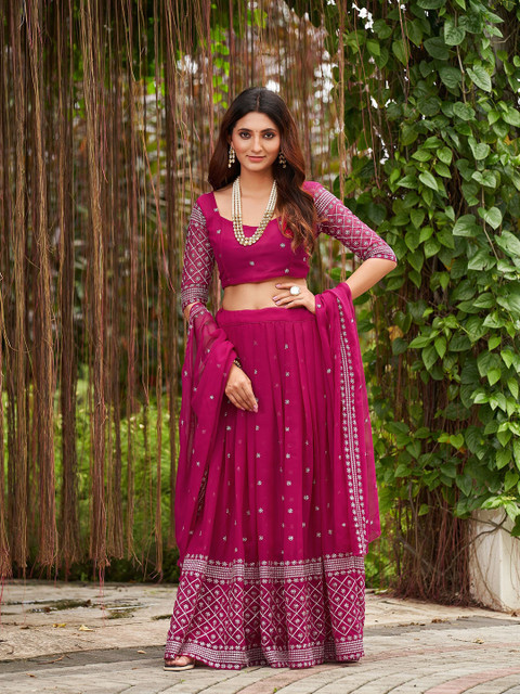 KALINI Embroidered Georgette Semi-Stitched Lehenga & Unstitched Blouse With Dupatta
