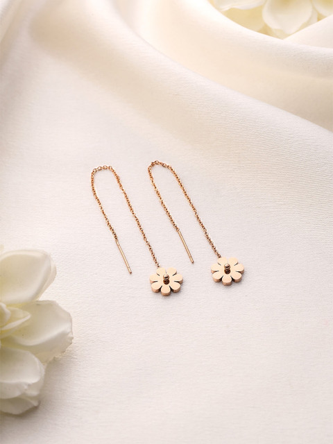 Yellow Chimes Stainless Steel Rose Gold-Plated Floral Threader Drop Earrings