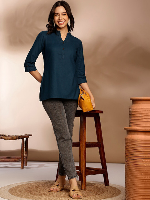 Anouk Blue Mandarin Collar Roll-Up Sleeves Straight Short Kurti