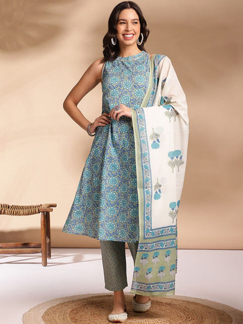 Anouk Ethnic Motifs Printed Regular Gotta Patti Cotton Republic Day Kurta With Trousers & Dupatta - Image 4