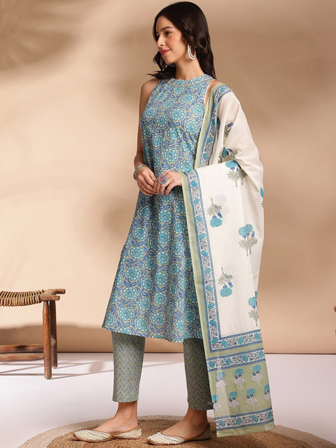 Anouk Ethnic Motifs Printed Regular Gotta Patti Cotton Republic Day Kurta With Trousers & Dupatta - Image 5