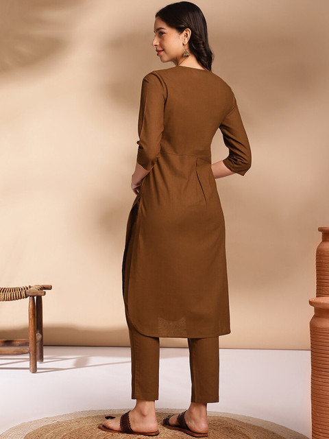 Anouk Olive Round Neck Straight Curved Pleated Kurta With Trouser - Image 6