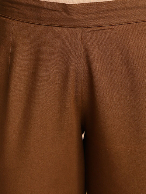 Anouk Olive Round Neck Straight Curved Pleated Kurta With Trouser - Image 3