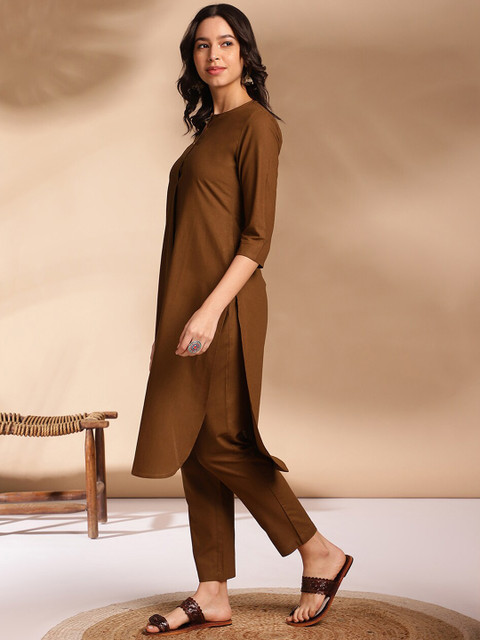Anouk Olive Round Neck Straight Curved Pleated Kurta With Trouser - Image 5