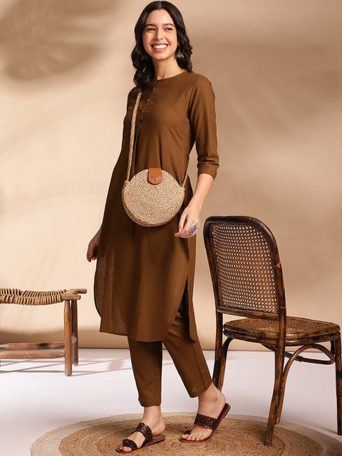 Anouk Olive Round Neck Straight Curved Pleated Kurta With Trouser
