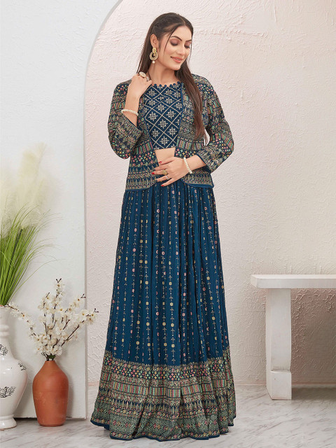 Chandbaali Embroidered Sequinned Foil Print Ready to Wear Lehenga & Choli with Jacket