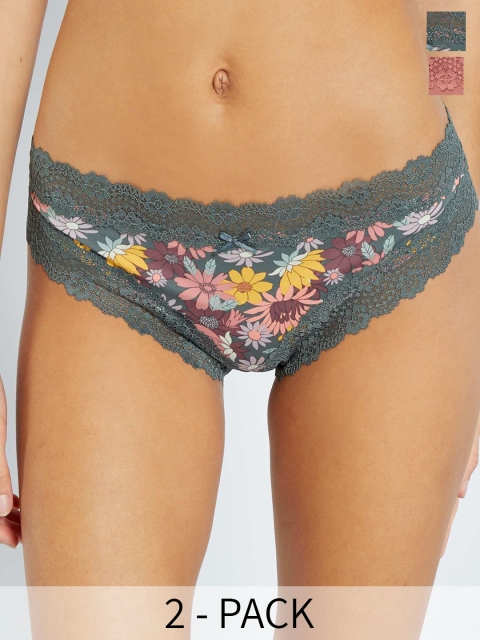KIABI Pack Of 2 Floral Lace Insert Printed Pure Cotton Bikini Briefs