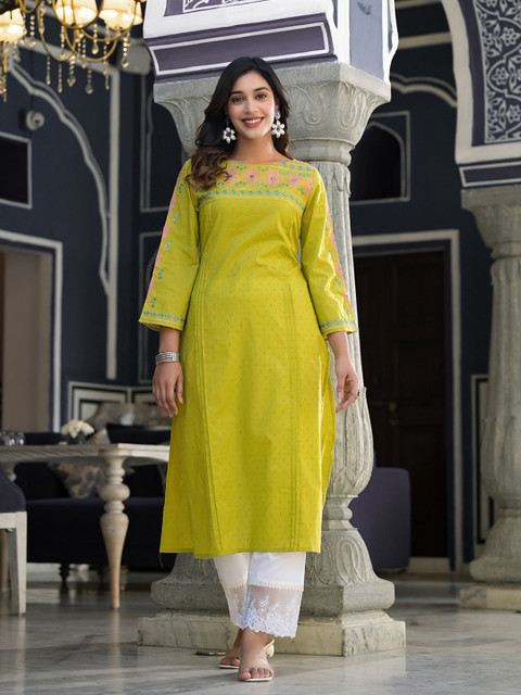 Varanga Women Floral Thread Embroidered Yoke Design Straight Kurta - Image 2