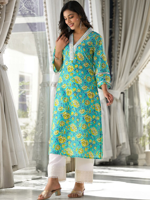 Varanga Floral Printed V- Neck Thread work Straight Kurta - Image 3