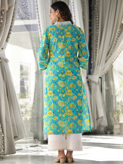 Varanga Floral Printed V- Neck Thread work Straight Kurta - Image 4