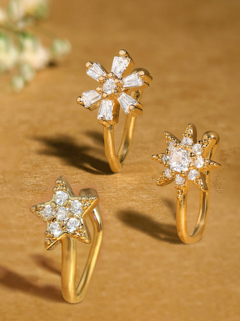 Zaveri Pearls Set Of 3 Cubic Zirconia Stone-Studded Clip On Nose Pins