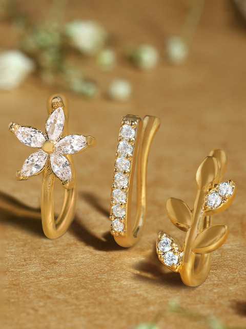 Zaveri Pearls Set Of 3 Cubic Zirconia Stone-Studded Clip On Nosepins