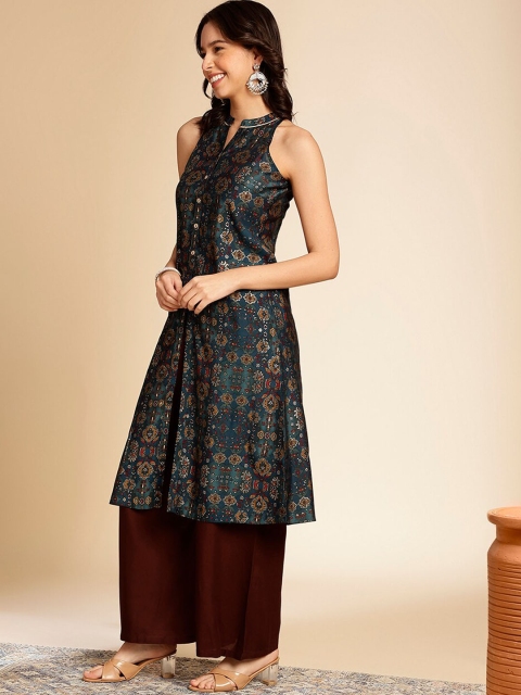 Anouk Teal Blue Ethnic Motifs Printed Mandarin Collar Sleeveless A-Line Kurta - Image 5