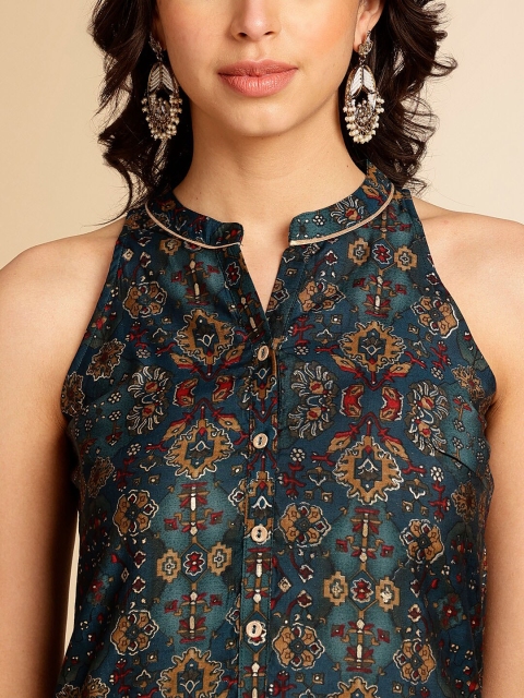 Anouk Teal Blue Ethnic Motifs Printed Mandarin Collar Sleeveless A-Line Kurta - Image 2