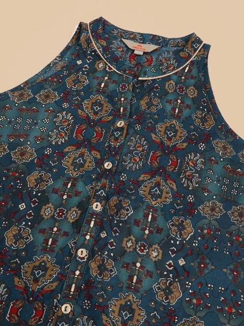 Anouk Teal Blue Ethnic Motifs Printed Mandarin Collar Sleeveless A-Line Kurta - Image 7