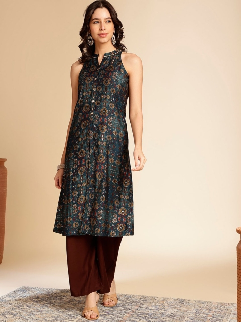 Anouk Teal Blue Ethnic Motifs Printed Mandarin Collar Sleeveless A-Line Kurta - Image 3