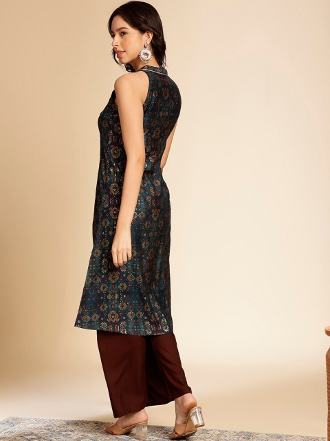 Anouk Teal Blue Ethnic Motifs Printed Mandarin Collar Sleeveless A-Line Kurta - Image 6