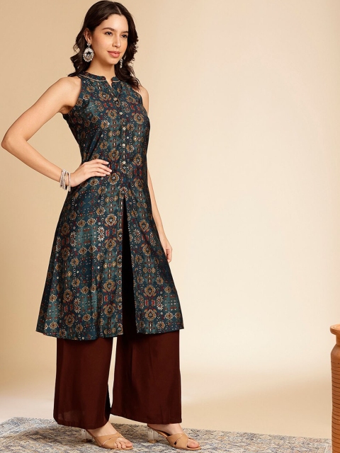 Anouk Teal Blue Ethnic Motifs Printed Mandarin Collar Sleeveless A-Line Kurta - Image 4