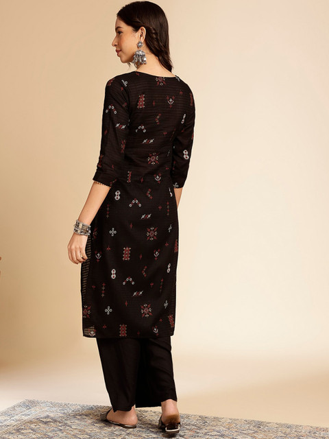 Anouk Black Ethnic Motifs Printed Round Neck Gotta Patti Cotton Straight Kurta - Image 6