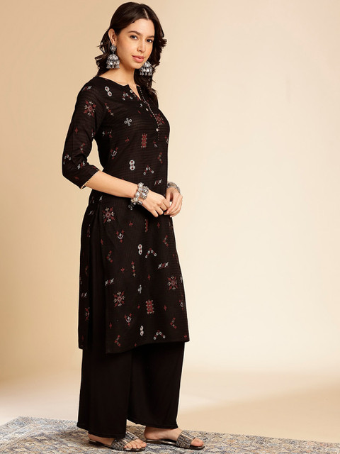 Anouk Black Ethnic Motifs Printed Round Neck Gotta Patti Cotton Straight Kurta - Image 4