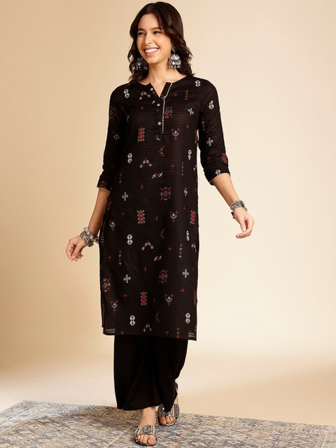 Anouk Black Ethnic Motifs Printed Round Neck Gotta Patti Cotton Straight Kurta - Image 3