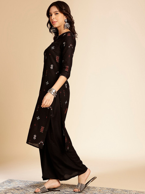 Anouk Black Ethnic Motifs Printed Round Neck Gotta Patti Cotton Straight Kurta - Image 5