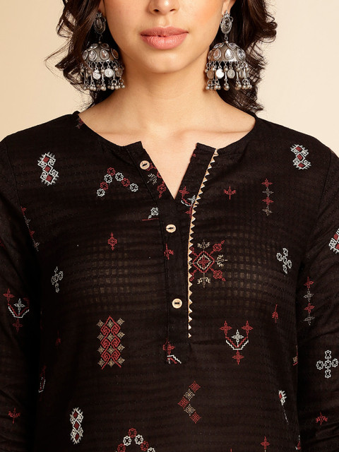 Anouk Black Ethnic Motifs Printed Round Neck Gotta Patti Cotton Straight Kurta - Image 2