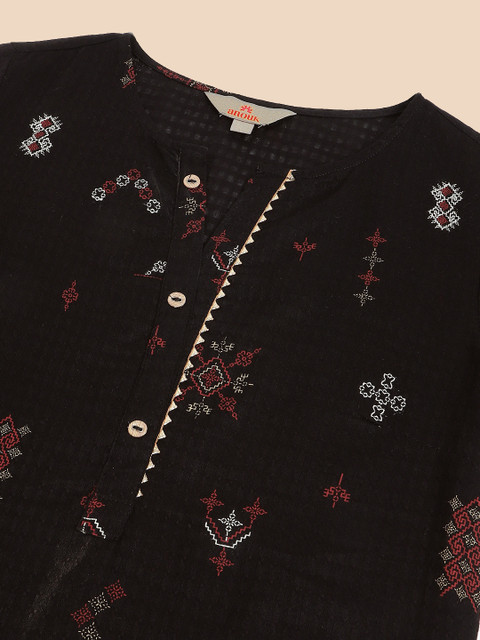Anouk Black Ethnic Motifs Printed Round Neck Gotta Patti Cotton Straight Kurta - Image 7