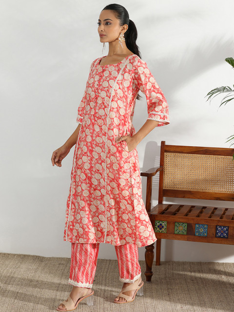 Libas Floral Printed Round Neck Three-Quarter Sleeves Panelled Kurta with Trousers - Image 3
