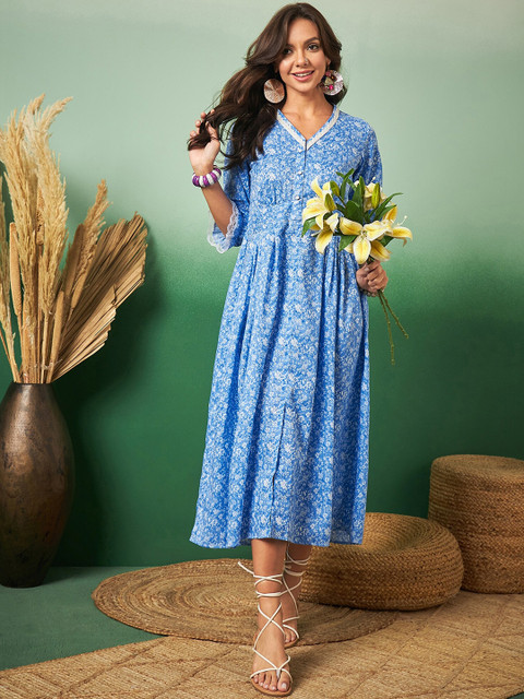 Sangria Blue Floral Printed V-Neck Puff Sleeves Fit & Flare Midi Dress