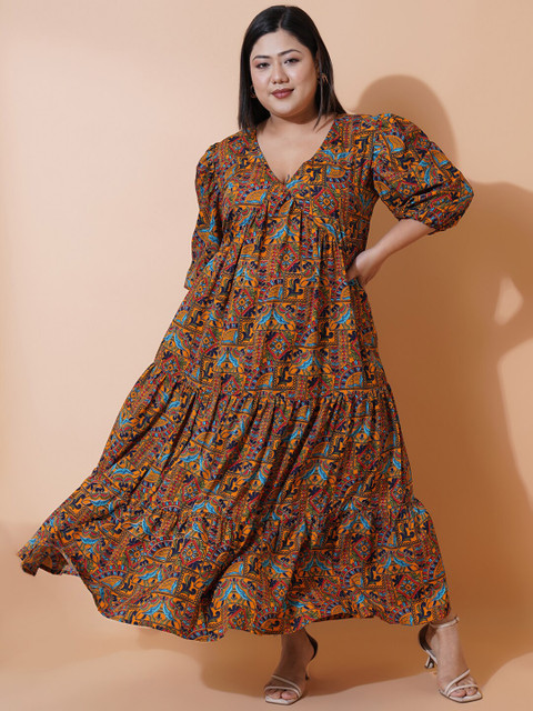 U&F Beyond Plus Size Ethnic Motifs Printed V-Neck Puff Sleeve Tiered Maxi Dress