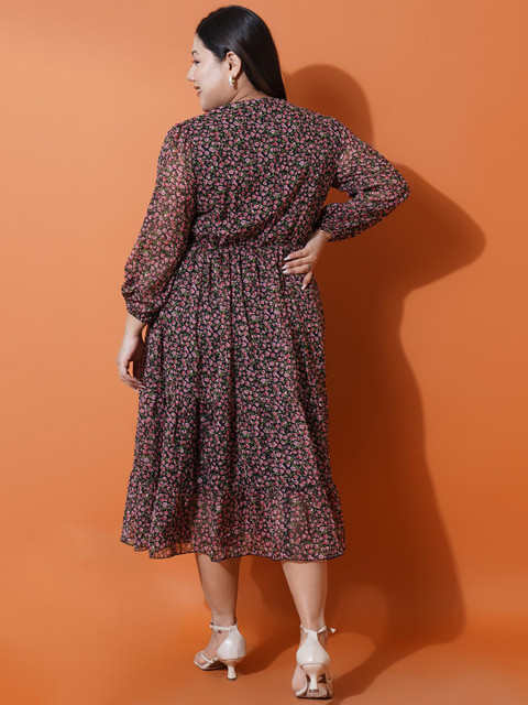 U&F Beyond Plus Size Floral Printed Puff Sleeves Georgette Tiered Fit & Flare Midi Dress - Image 5