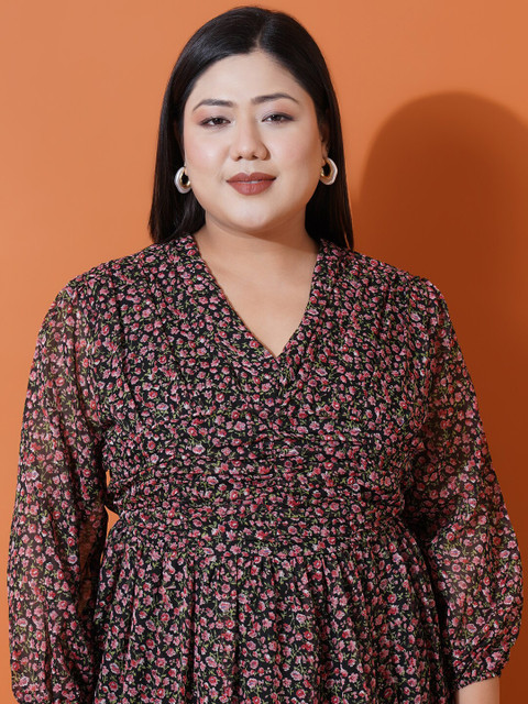 U&F Beyond Plus Size Floral Printed Puff Sleeves Georgette Tiered Fit & Flare Midi Dress - Image 3