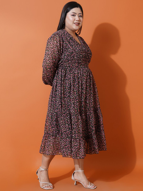 U&F Beyond Plus Size Floral Printed Puff Sleeves Georgette Tiered Fit & Flare Midi Dress - Image 4