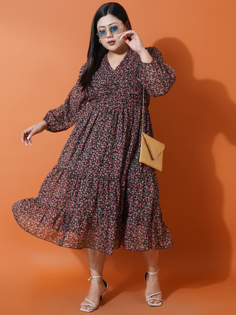 U&F Beyond Plus Size Floral Printed Puff Sleeves Georgette Tiered Fit & Flare Midi Dress