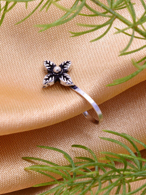 Abhooshan 92.5 Sterling Silver Oxidised Flower Stud Nosepin