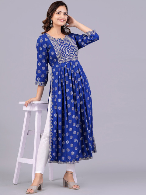 NEW4U Floral Printed Round Neck Sequinned Aliya Cut Kurta