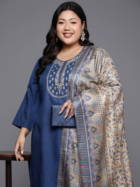 Varanga Plus Size Embroidered Thread Work Kurta with Trousers & Dupatta