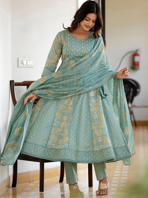 Anouk Green Floral Printed Panelled Pure Cotton Anarkali Kurta With Trousers & Dupatta