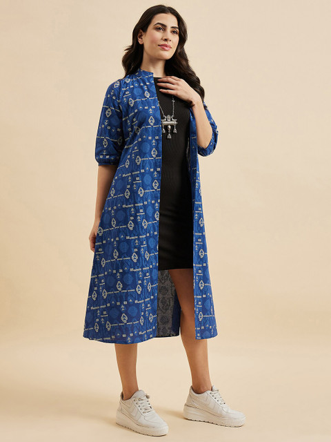 Azira Ethnic Motifs Printed Longline Front Open Pure Cotton Shrug - Image 3