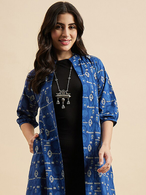 Azira Ethnic Motifs Printed Longline Front Open Pure Cotton Shrug - Image 2