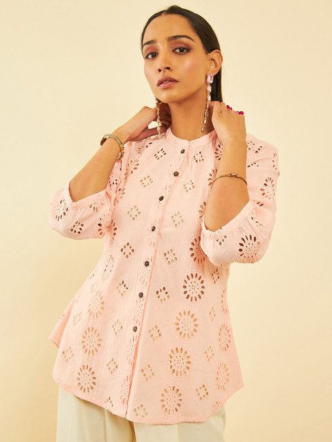 Soch Peach-Coloured Self Design Mandarin Collar Cotton Tunic - Image 3