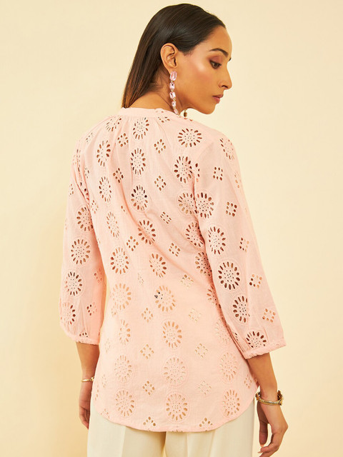 Soch Peach-Coloured Self Design Mandarin Collar Cotton Tunic - Image 5